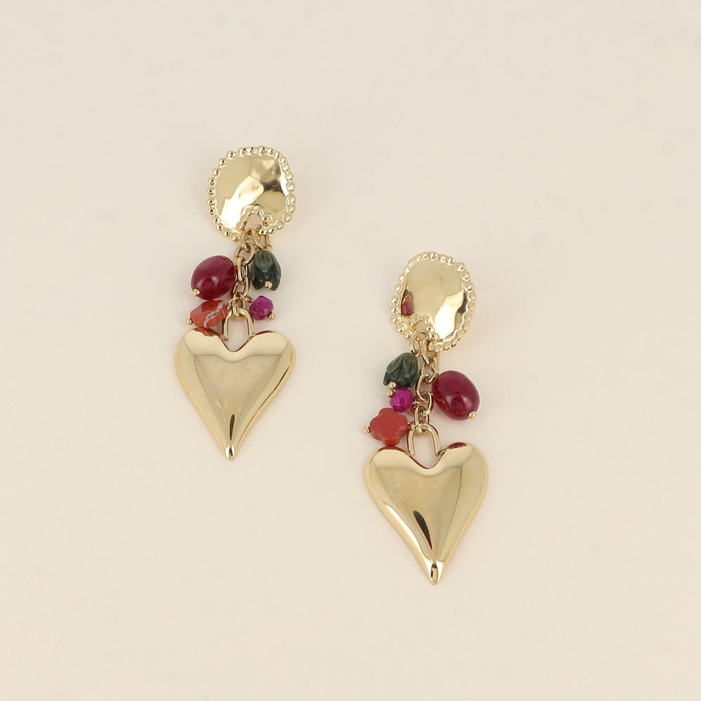 Boucles pendantes - pièce aux contours mil grains, perles, cœur lisse