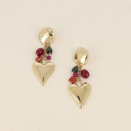 Boucles pendantes - pièce aux contours mil grains, perles, cœur lisse