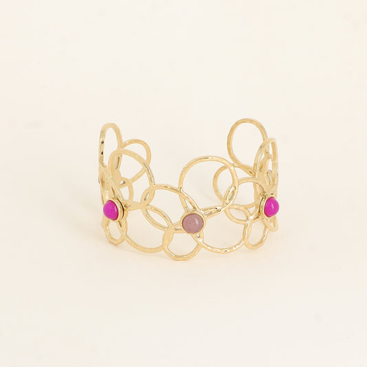 Manchette - 5 motifs floraux ajourés et pierres naturelles améthystes - Dimensions : 6,5 x 5 cm - Hauteur : 40 mm