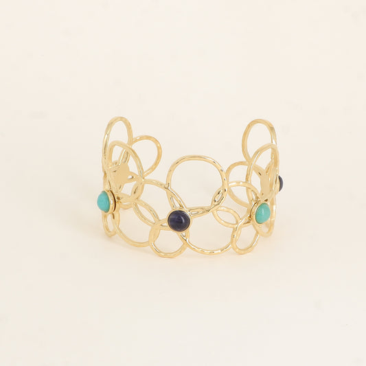 Manchette - 5 motifs floraux ajourés et pierres naturelles sodalites - Dimensions : 6,5 x 5 cm - Hauteur : 40 mm