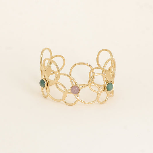 Manchette - 5 motifs floraux ajourés et pierres naturelles quartz fraise - Dimensions : 6,5 x 5 cm - Hauteur : 40 mm