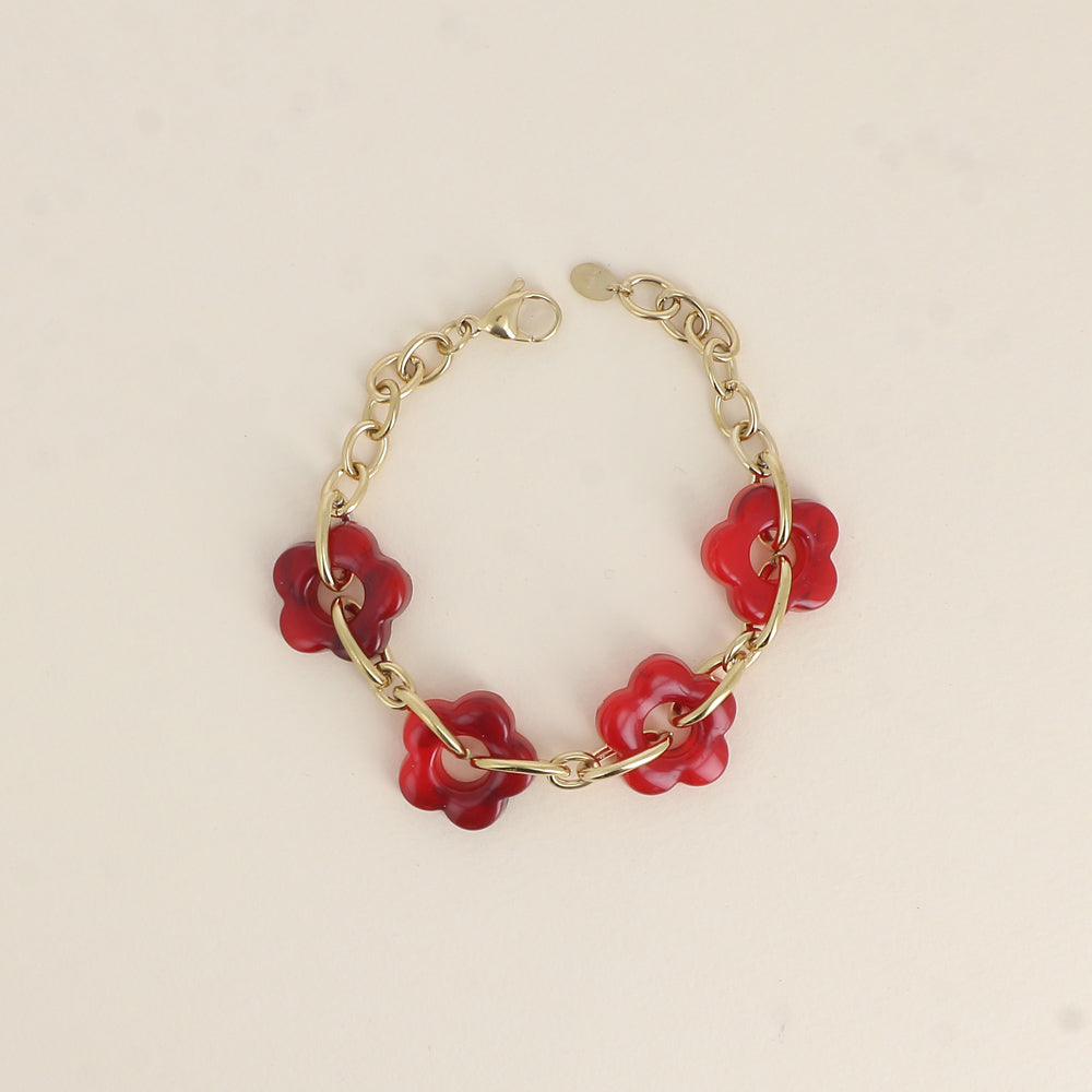 Bracelet - 4 fleurs en résine rouge et maillons ovales (17+3 cm / dimension approximative d'une fleur: 20 x 20 mm)
