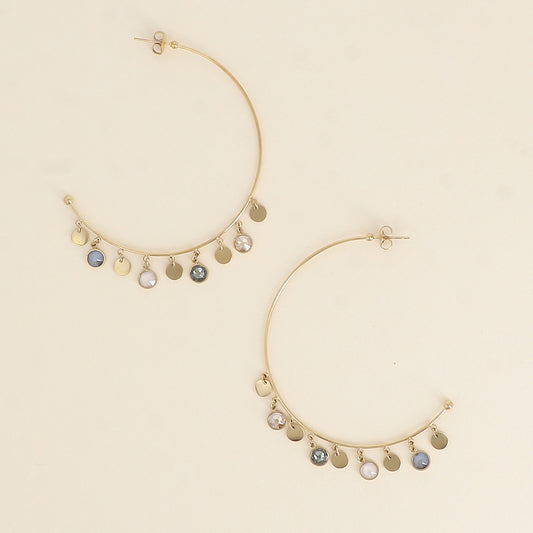 Créoles - pampilles rondes ornées de cristaux de Swarovski® - Black diamond & Ivory cream - Taille de la boucle: 55×60 mm