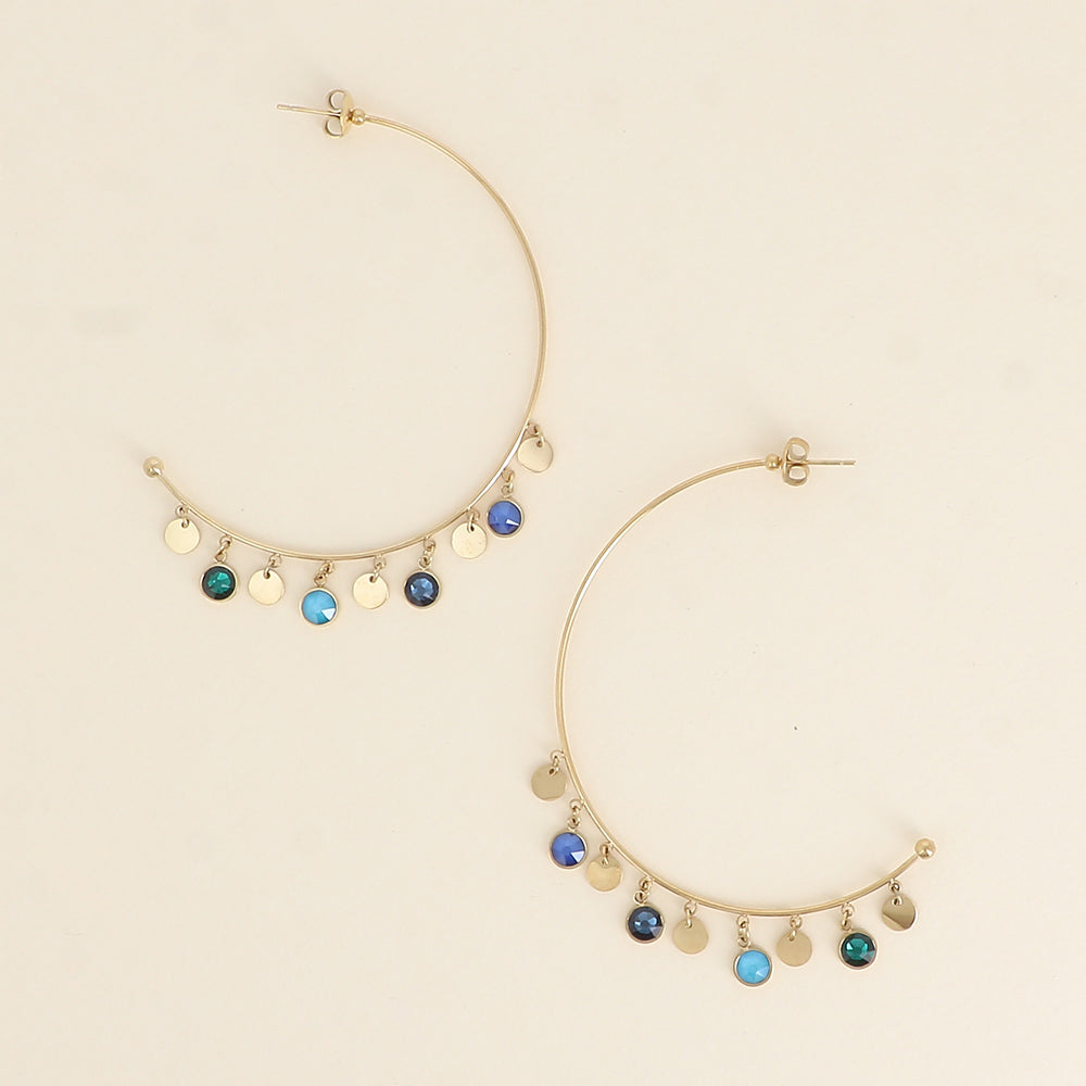 Créoles - pampilles rondes ornées de cristaux de Swarovski® - Denim blue & Azure blue - Taille de la boucle: 55×60 mm