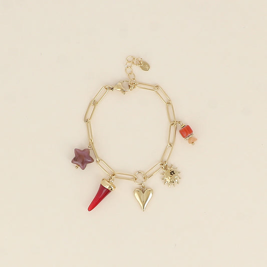 Bracelet - cœur, perle céramique émaillée, soleil, étoile et corne en résine (17+3 cm)