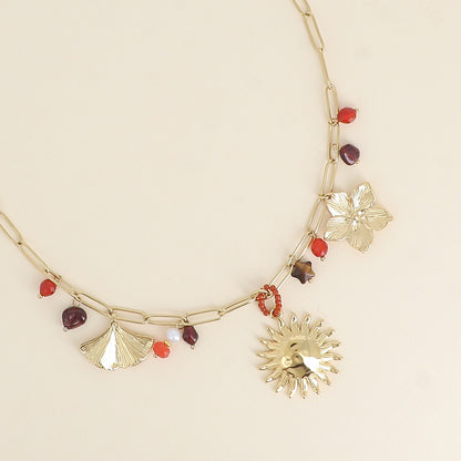Collier - ginko, pierres naturelles, soleil, fleur, étoile 40+5 cm