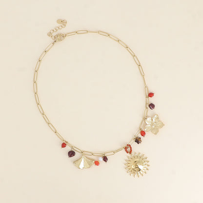 Collier - ginko, pierres naturelles, soleil, fleur, étoile 40+5 cm