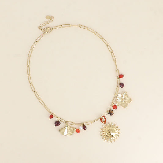 Collier - ginko, pierres naturelles, soleil, fleur, étoile 40+5 cm