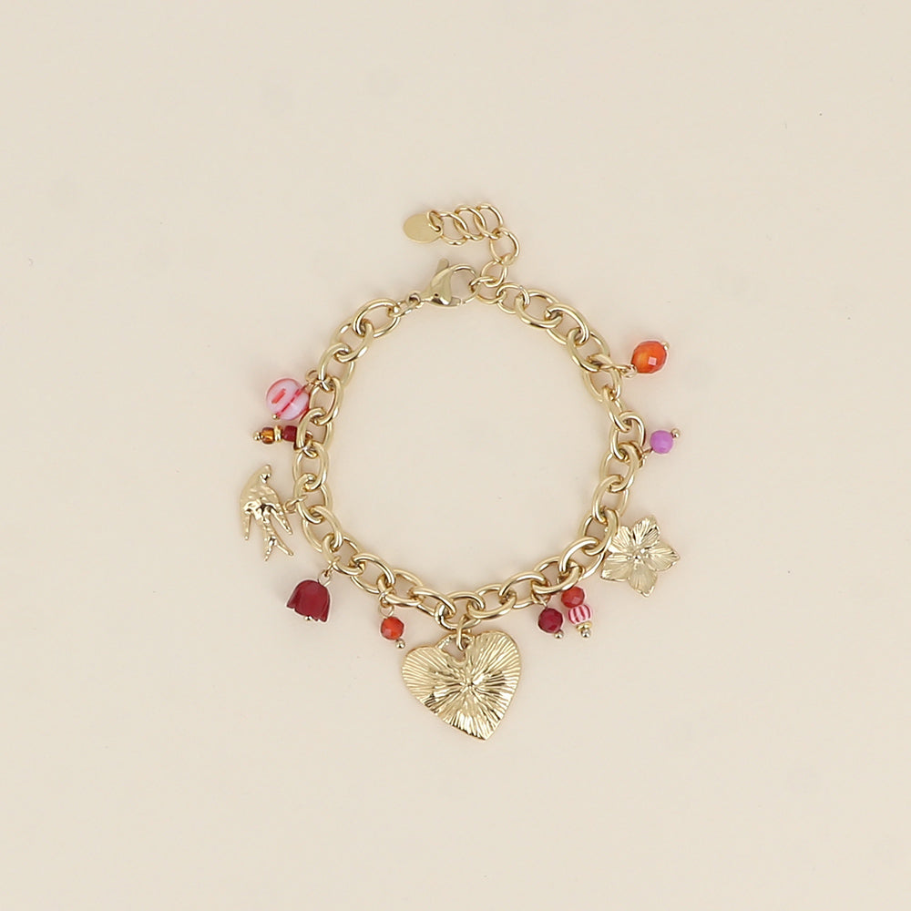 Bracelet - perles en céramique émaillée, pierres naturelles, oiseau, cœur, fleur (17+3 cm)