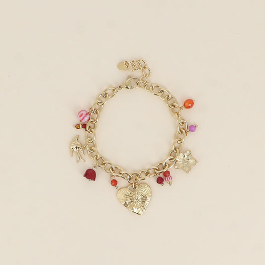 Bracelet - perles en céramique émaillée, pierres naturelles, oiseau, cœur, fleur (17+3 cm)