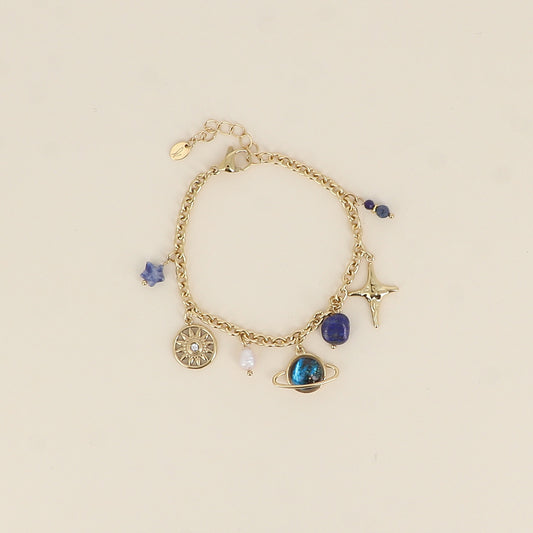 Bracelet - soleil, étoiles, Saturne, pierres naturelles, perle d'eau douce (17+3 cm)