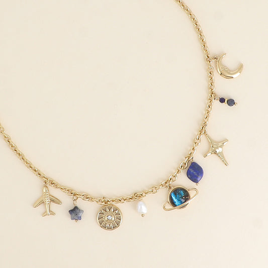 Collier - soleil, étoiles, Saturne, pierres naturelles, perle d'eau douce 40+5 cm