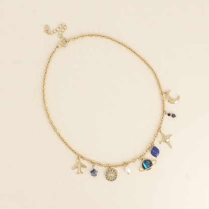 Collier - soleil, étoiles, Saturne, pierres naturelles, perle d'eau douce 40+5 cm