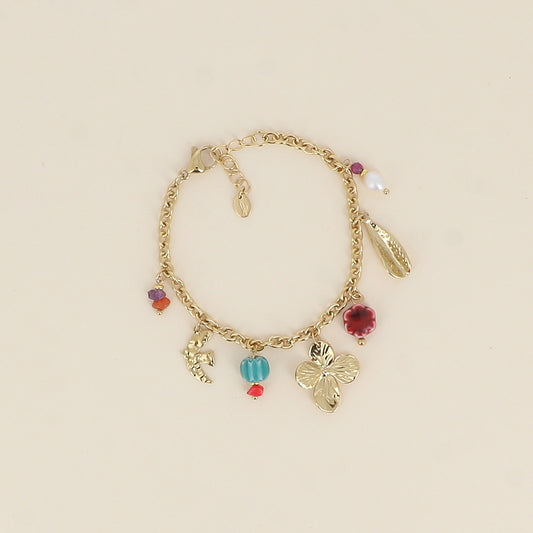 Bracelet - pierres naturelles, oiseau, feuillage, trèfle, perles en céramique émaillée, perle d'eau douce (17+3 cm)