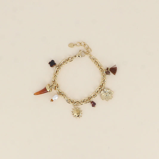 Bracelet - trèfle en pierre naturelle, perle d'eau douce, soleil, lune, pompon, corne en résine (17+3 cm)