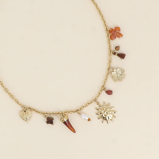 Collier - trèfle en pierre naturelle, perle d'eau douce, soleil, lune, pompon, corne en résine 40+5 cm