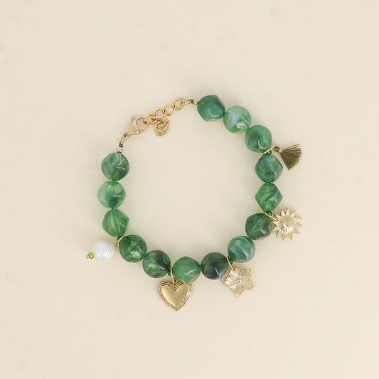 Bracelet - pompon, soleil, fleur, cœur et perle d'eau douce (20 + 3 cm)