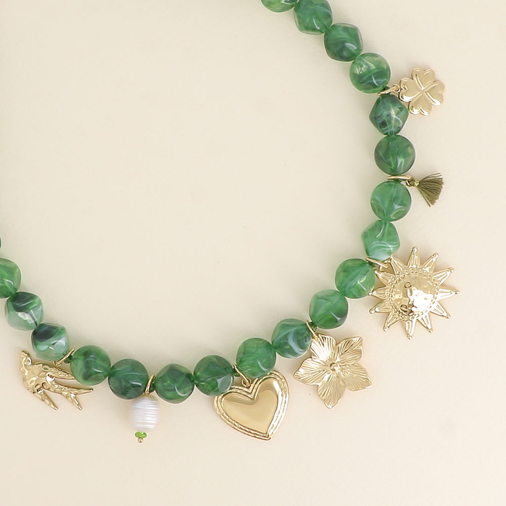 Collier - oiseau, cœur, fleur, soleil, pompon, trèfle, perle d'eau douce 40+5 cm