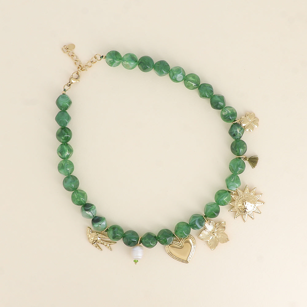 Collier - oiseau, cœur, fleur, soleil, pompon, trèfle, perle d'eau douce 40+5 cm