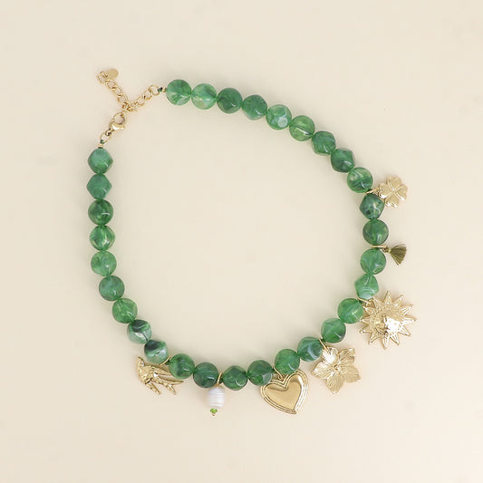 Collier - oiseau, cœur, fleur, soleil, pompon, trèfle, perle d'eau douce 40+5 cm