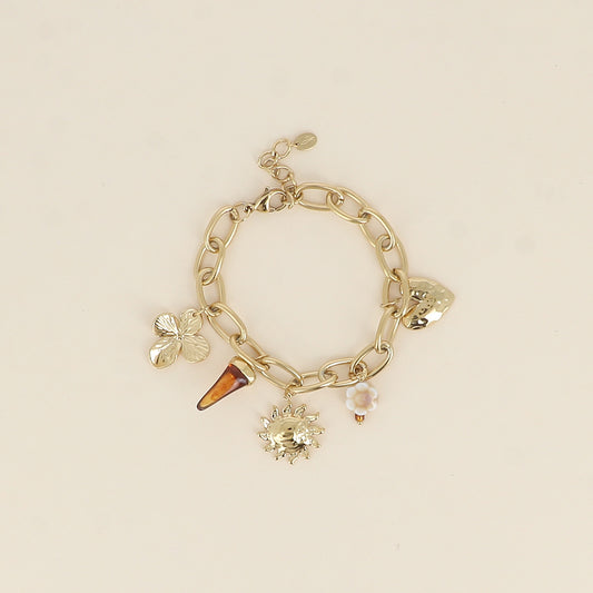 Bracelet - perle céramique émaillée, trèfle, soleil, cœur et corne en résine (17+3 cm)