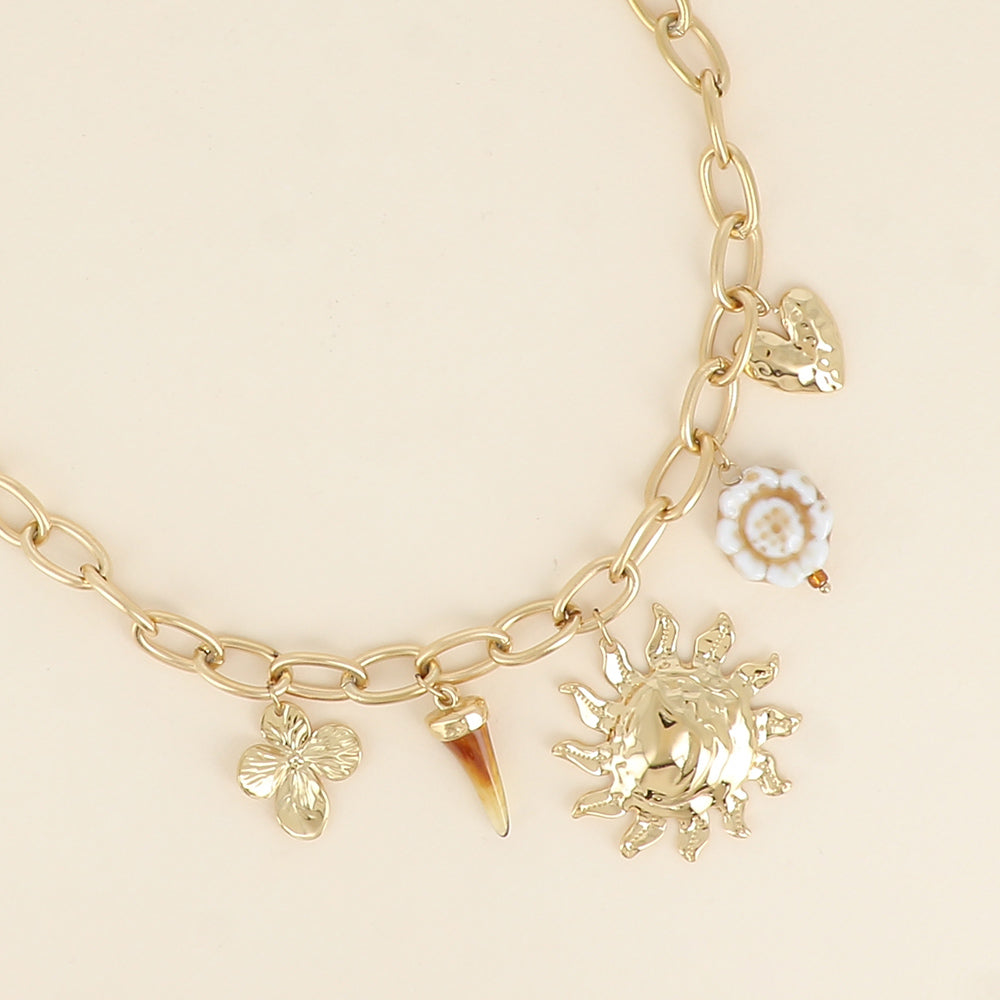 Collier - perle céramique émaillée, trèfle, soleil, cœur et corne en résine 40+5 cm