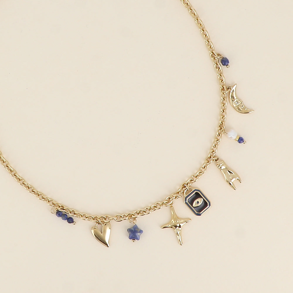 Collier - cœur, étoile, œil, main, lune, pierre naturelle, émail et perle d'eau douce 40+5 cm