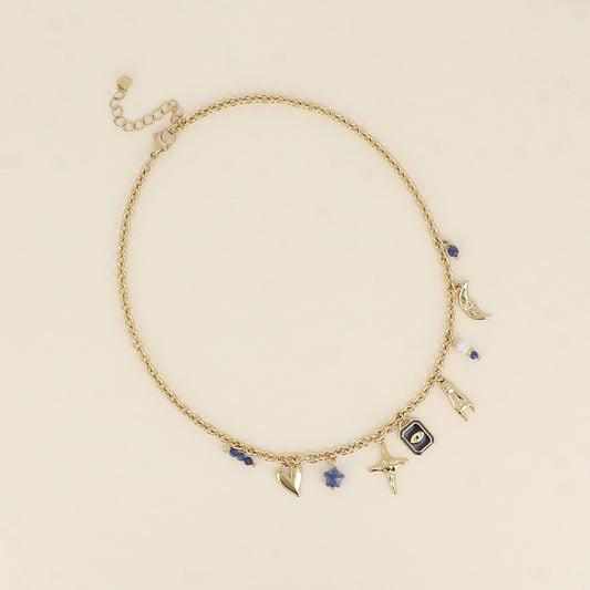 Collier - cœur, étoile, œil, main, lune, pierre naturelle, émail et perle d'eau douce 40+5 cm