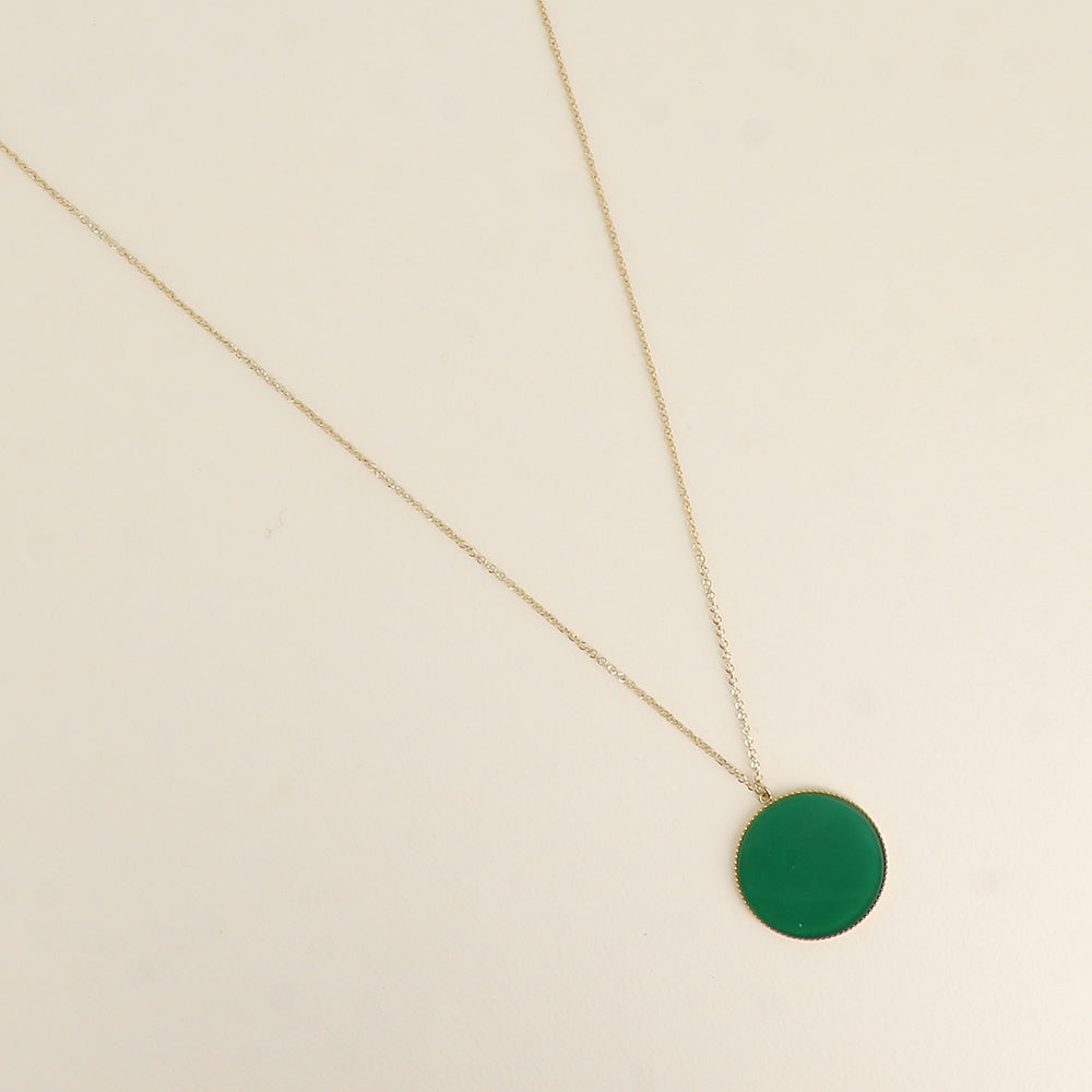 Collier - médaillon rond plat en pierre naturelle agate verte 60+5 cm