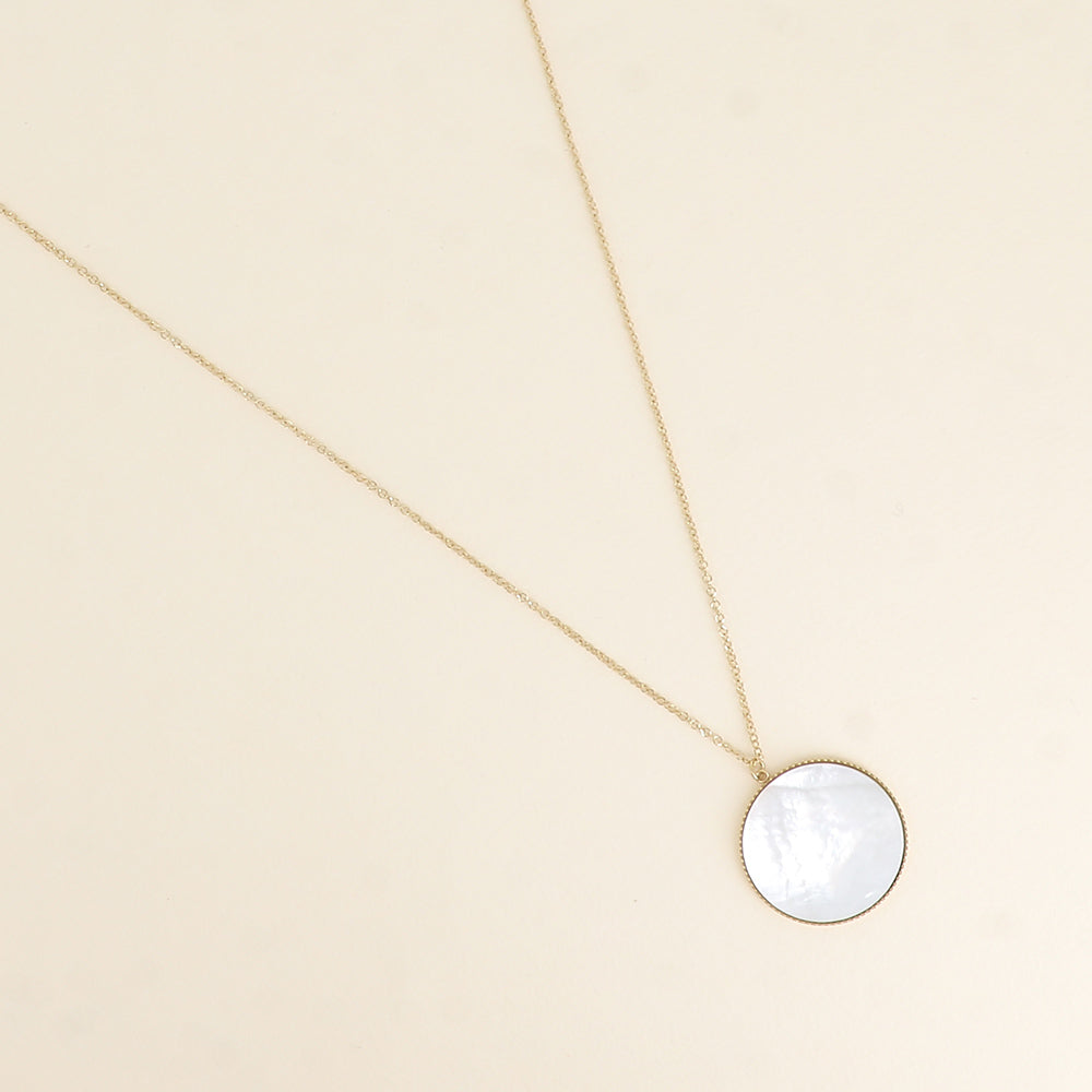 Collier - médaillon rond plat en pierre naturelle nacre blanche 60+5 cm