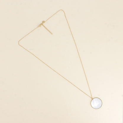 Collier - médaillon rond plat en pierre naturelle nacre blanche 60+5 cm