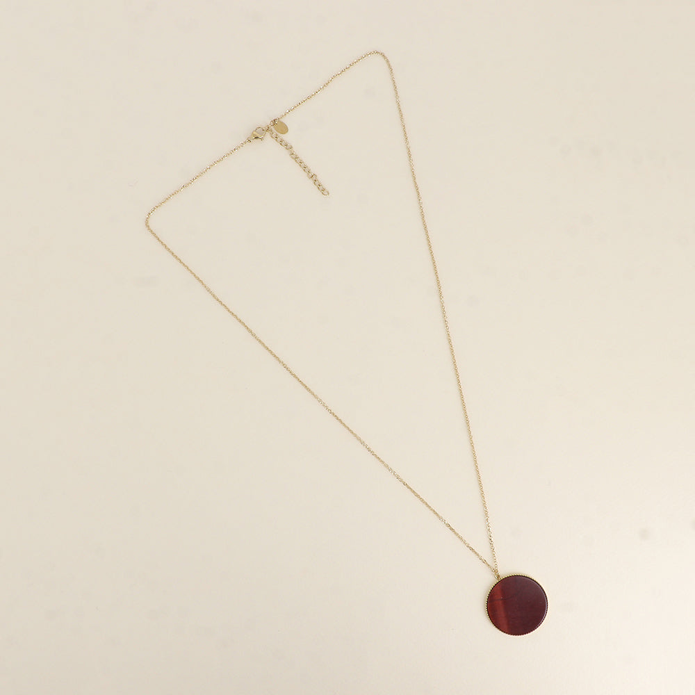Collier - médaillon rond plat en pierre naturelle œil de taureau 60+5 cm