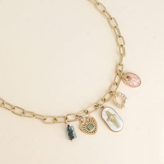 Collier - breloques (pierres naturelles, étoile, cœur) - Nacre rose 45+5 cm