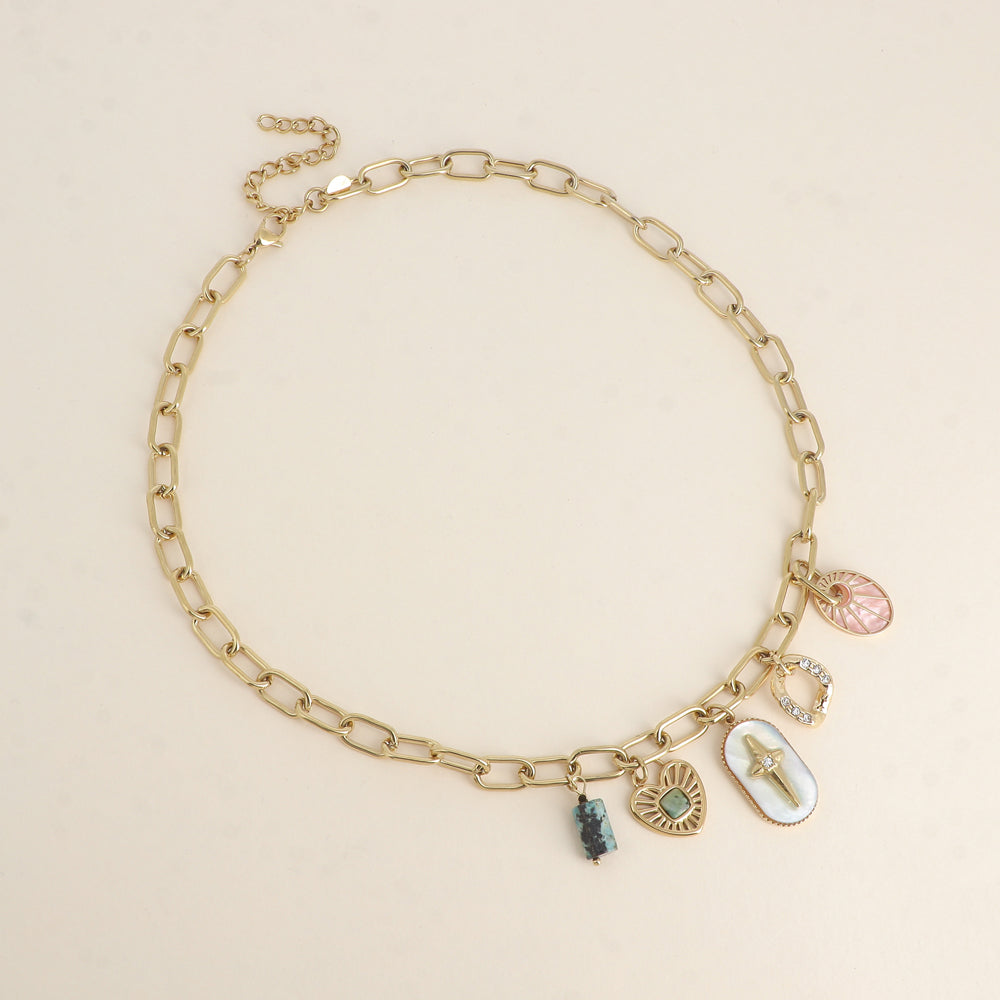 Collier - breloques (pierres naturelles, étoile, cœur) - Nacre rose 45+5 cm