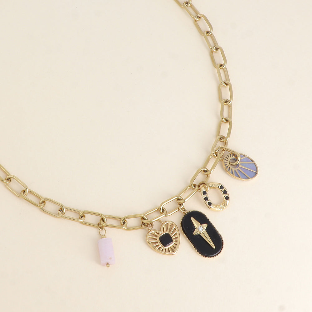 Collier - breloques (pierres naturelles, étoile, cœur) - Onyx 45+5 cm