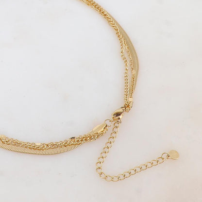 Collier 3 rangs avec maille miroir, pendentif feuillage et pierre naturelle (38/44/55+7CM)