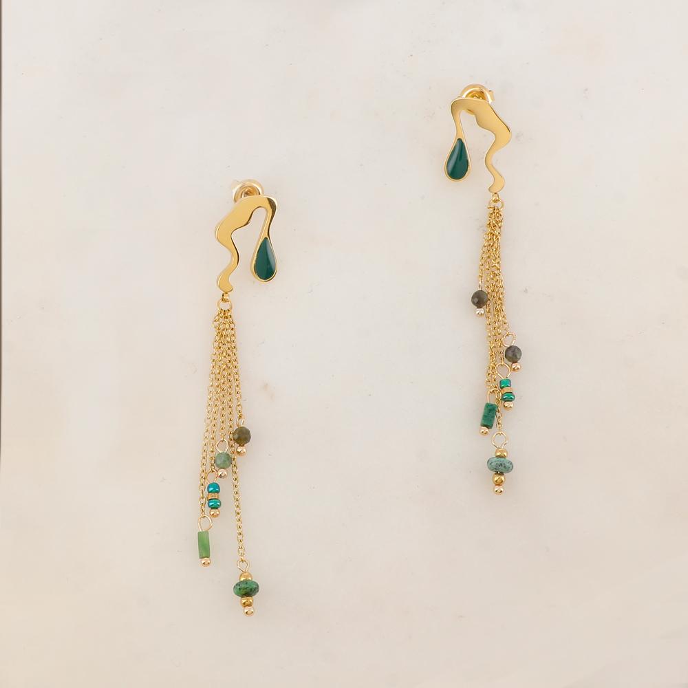B.O à puce pendantes avec pièce émaillée, 4 chaînes, pierres naturelles 1,1 x 7,8 CM