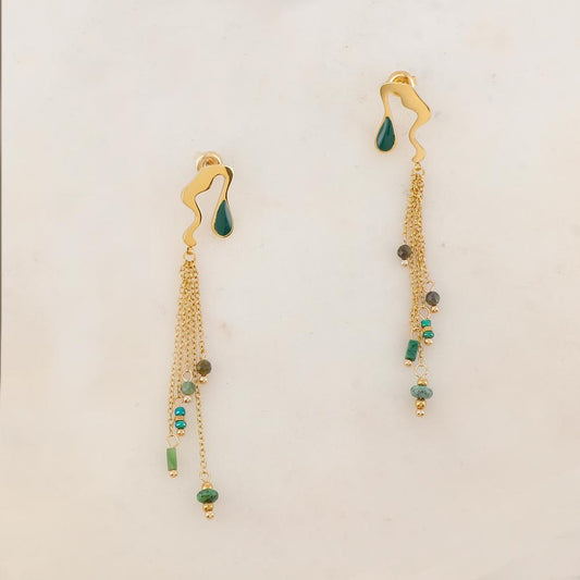 B.O à puce pendantes avec pièce émaillée, 4 chaînes, pierres naturelles 1,1 x 7,8 CM