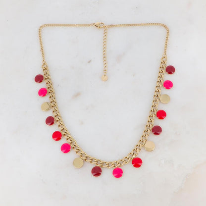 Collier en maille gourmette doré embelli de pampilles rondes émaillées rouges 38+5 cm