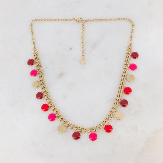 Collier en maille gourmette doré embelli de pampilles rondes émaillées rouges 38+5 cm