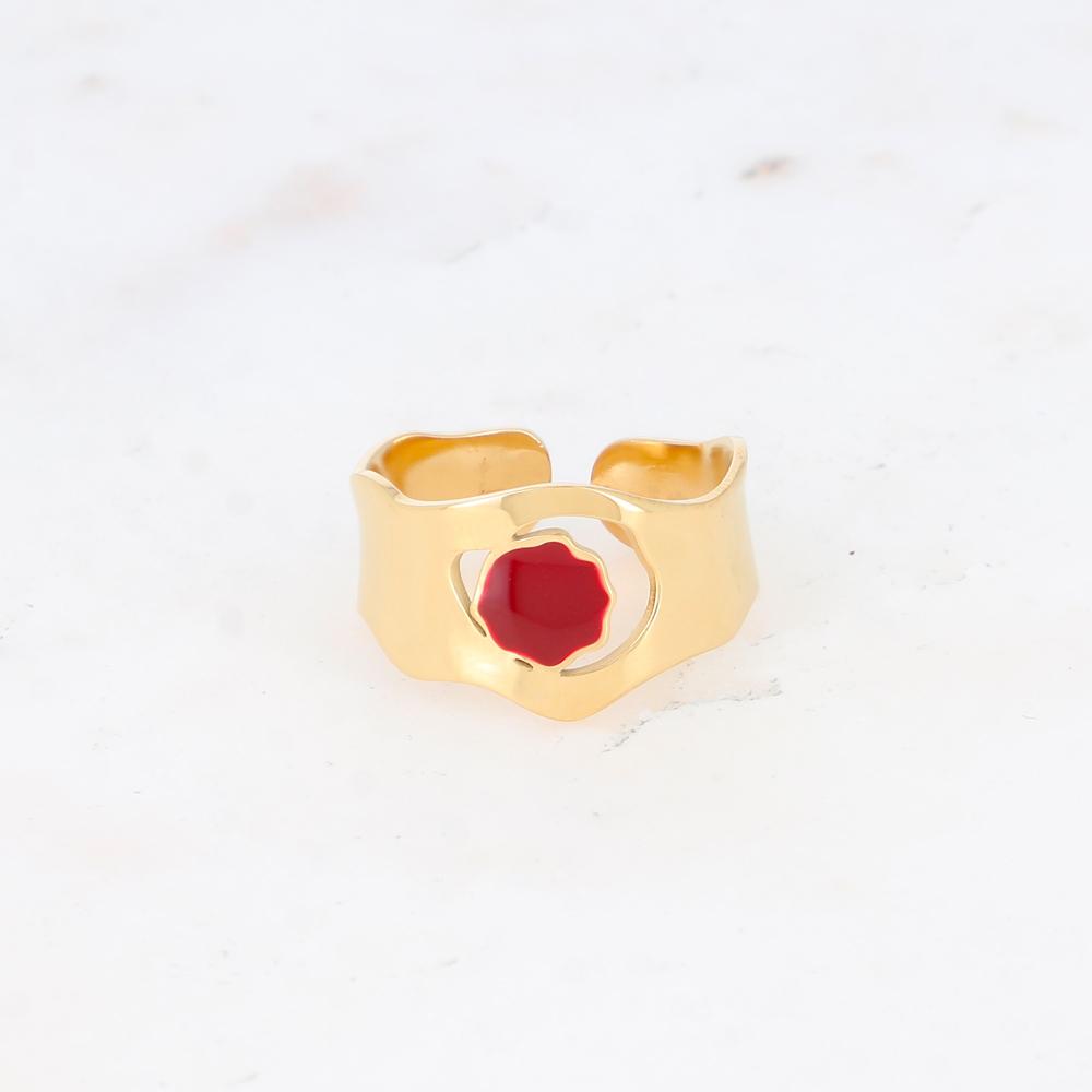 Bague avec pièce géométrique ondulée, émail - Rouge