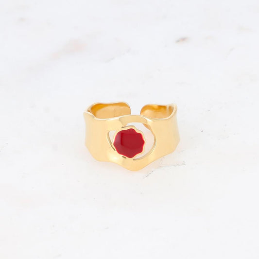 Bague avec pièce géométrique ondulée, émail - Rouge
