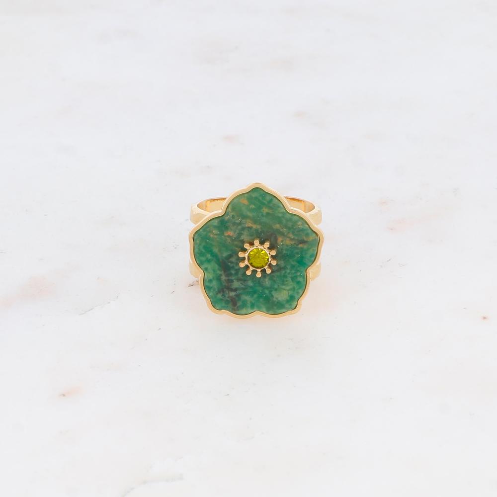 Bague double rangs avec fleur en pierre naturelle et strass - Aventurine