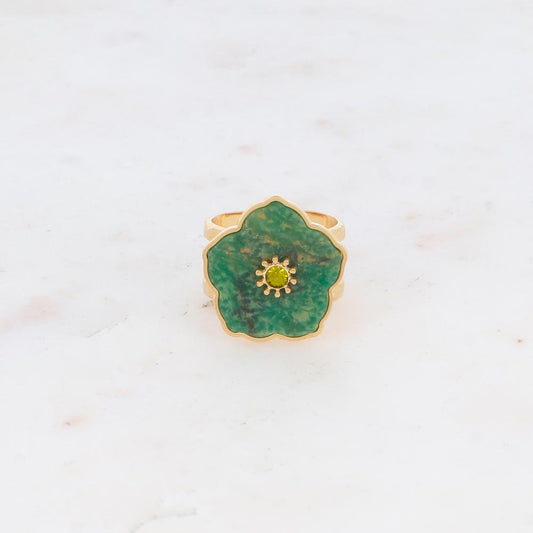 Bague double rangs avec fleur en pierre naturelle et strass - Aventurine