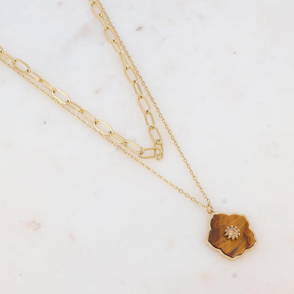 Collier double rangs avec pendentif fleur en pierre naturelle et strass (38/42+7CM)
