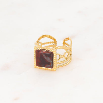 Bague ajourée avec une pierre naturelle carrée - Œil de tigre
