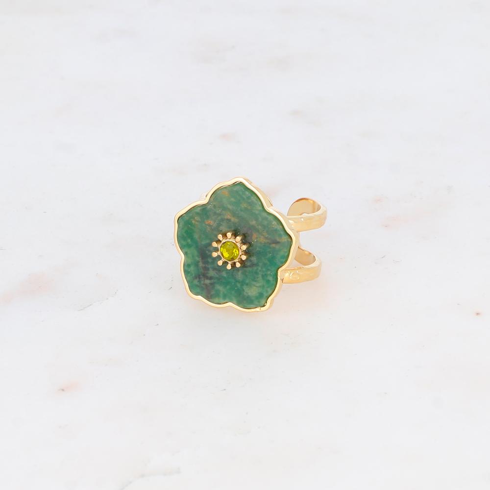 Bague double rangs avec fleur en pierre naturelle et strass - Aventurine