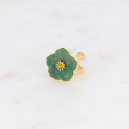 Bague double rangs avec fleur en pierre naturelle et strass - Aventurine