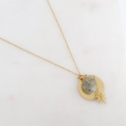 Collier sur chaîne composé d'une pampille et d'une pierre naturelle labradorite 40+5 cm