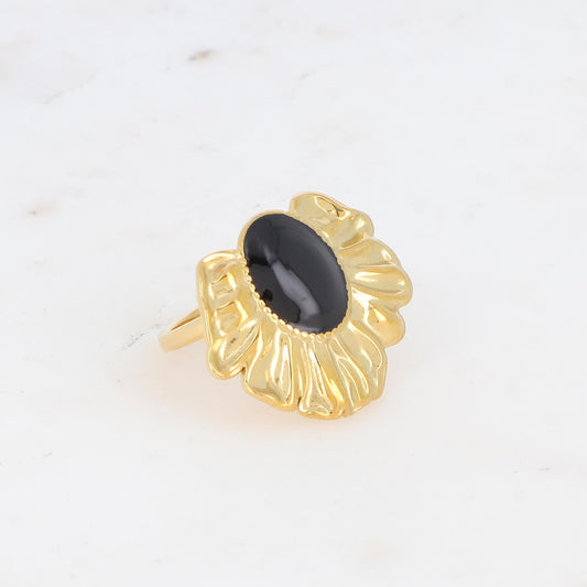 Bague avec feuille et pièce ovale émaillée - Noir